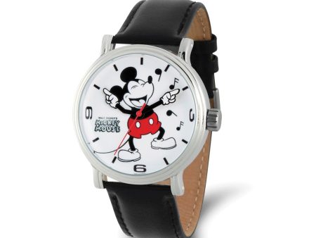 Disney Ladies Laughing Mickey Mouse Black Leather Band Watch For Sale