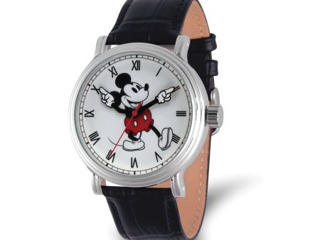 Disney Adult Moving Arms Mickey Mouse Black Leather Band 44mm Watch Discount