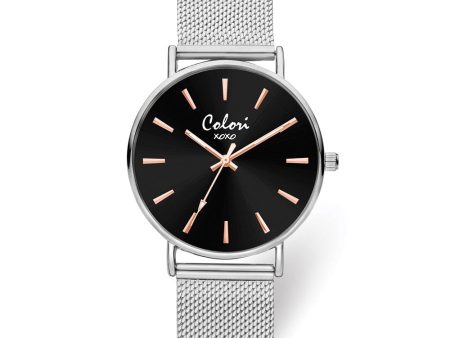 Colori Ladies Silver IP-plated Mesh Strap Black Dial Watch Hot on Sale