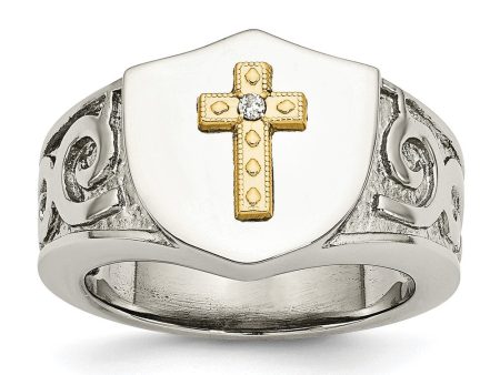 14mm Stainless Steel 10KYG Plated Cross & .02ct Diamond Tapered Ring Online Hot Sale