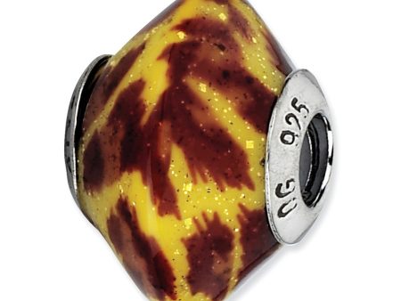 Yellow Brown Glitter Overlay Glass & Sterling Silver Bead Charm, 17mm Fashion